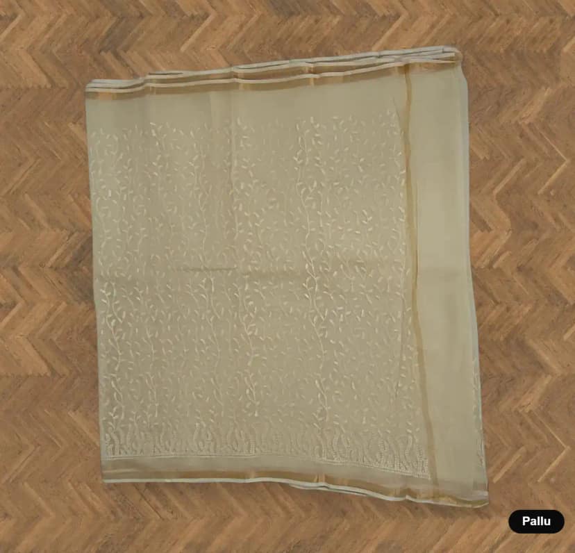 Kota Doria Cotton-Silk Saree with Leaf-Vine Block Print view 4