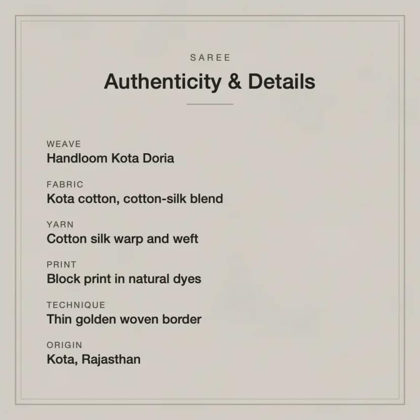 Kota Doria Cotton-Silk Saree with Leaf-Vine Block Print view 6