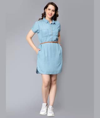 NUEVOSDAMAS Women Denim Solid Shirt Dress ( Blue )