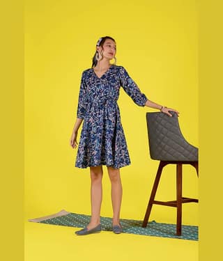 Amarasha Women Crepe Printed Fit & Flare Dress ( Navy )