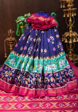 Blue tone Ikkat Patola Kanjivaram Fusion Silk Saree with Panel design and zari border | SILK MARK CERTIFIED