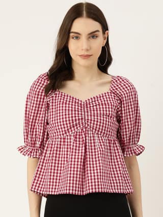 Checked Sweetheart Neck Puff Sleeve Cotton Bardot Top
