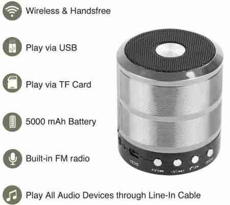 Multi-Function Portable Bluetooth Speaker with FM Radio, AUX, USB, TF Card Slot, & High Bass Sound Silver view 2