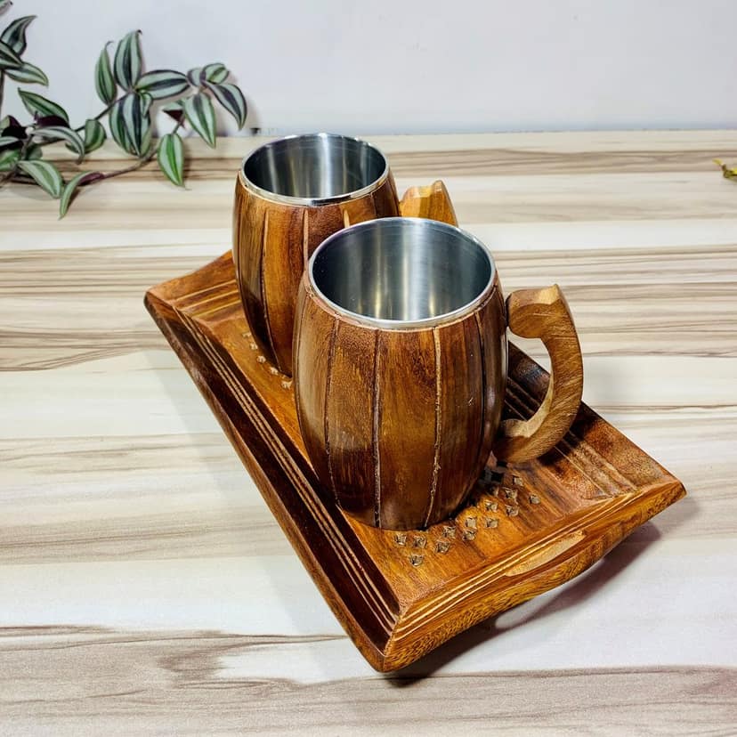 Homefrills Stylish sheesham wood tea/Milk/beer/ coffee mug set with Steel Glass Inner with carved design tray for Dining Table Home Decor office Gift (2 mug with Tray,capacity-250 ml) colour-Brown view 2