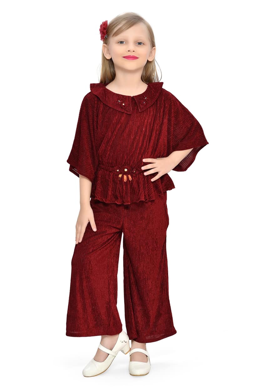 Be:Kids Burgundy Textured Ruffle Top and Wide-Leg Pants Set view 2