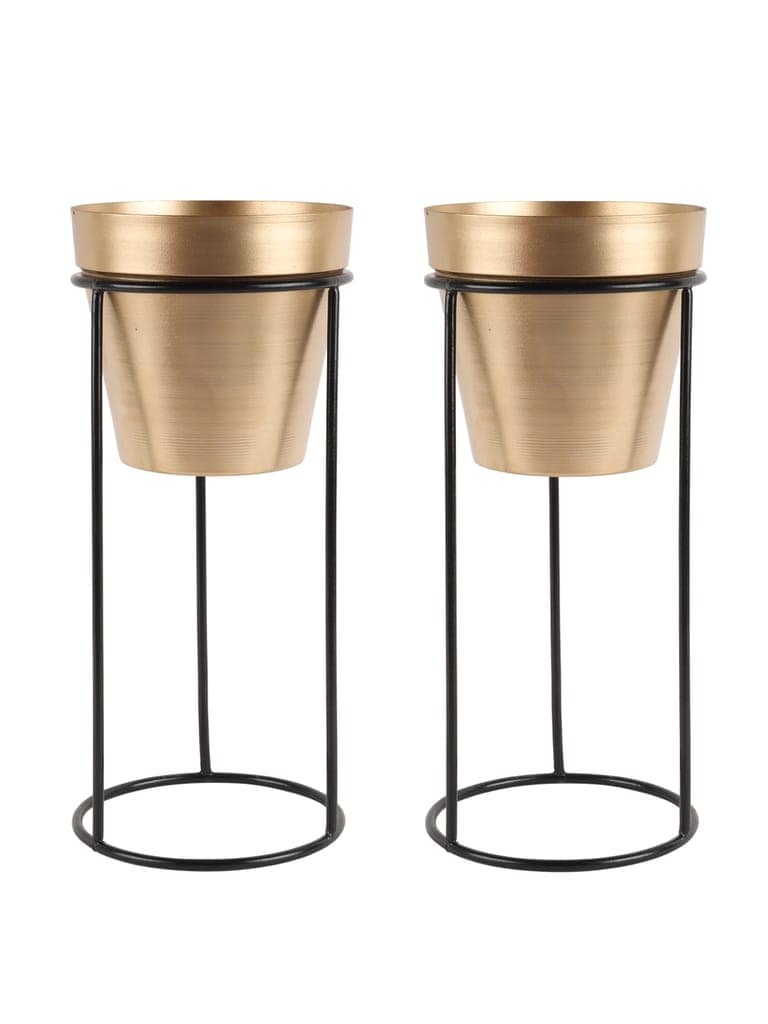 Big Pot Shape Planter with Stand Black & Gold Set of 2