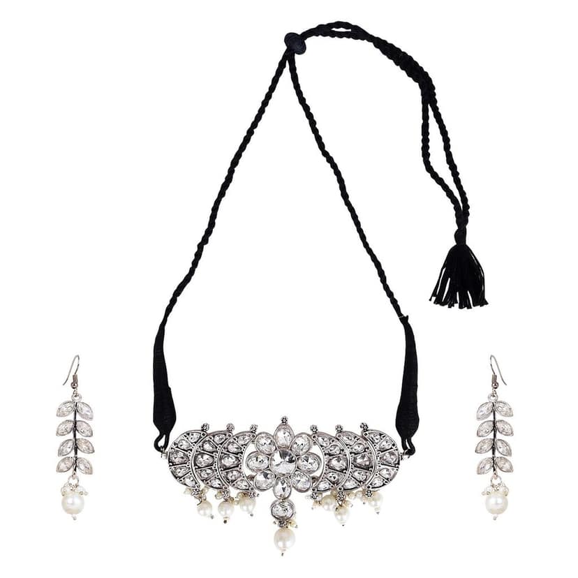 Cardinal White Stone Oxidized Silver Choker Necklace Set view 2