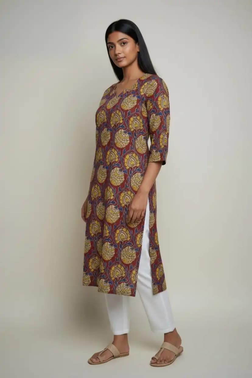 Block Print Cotton Kurti Maroon Yellow Blue Floral view 2