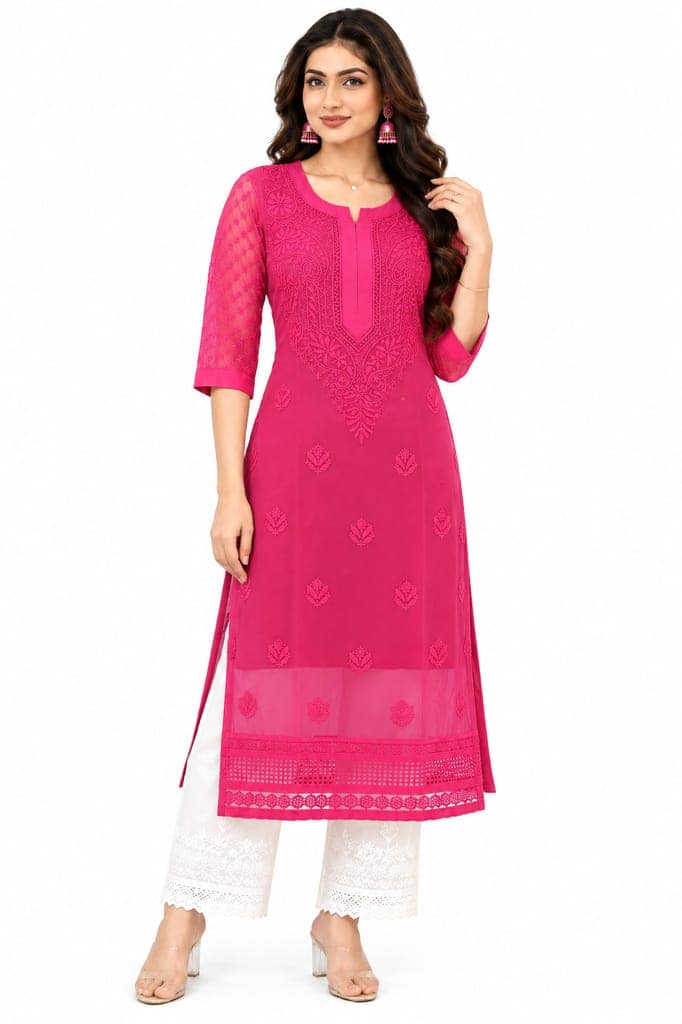 Handcrafted Lucknowi Chikankari Embroidered Fox Georgette Long Kurta with Sheer Floral Sleeves, Back Embroidery & Decorative Lace Border