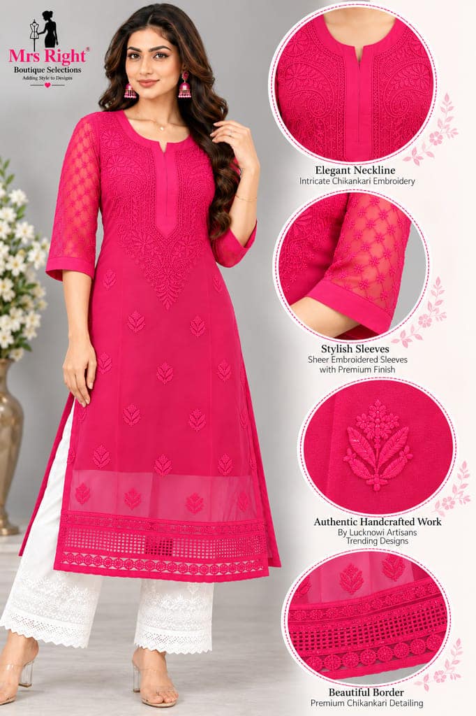 Handcrafted Lucknowi Chikankari Embroidered Fox Georgette Long Kurta with Sheer Floral Sleeves, Back Embroidery & Decorative Lace Border view 2