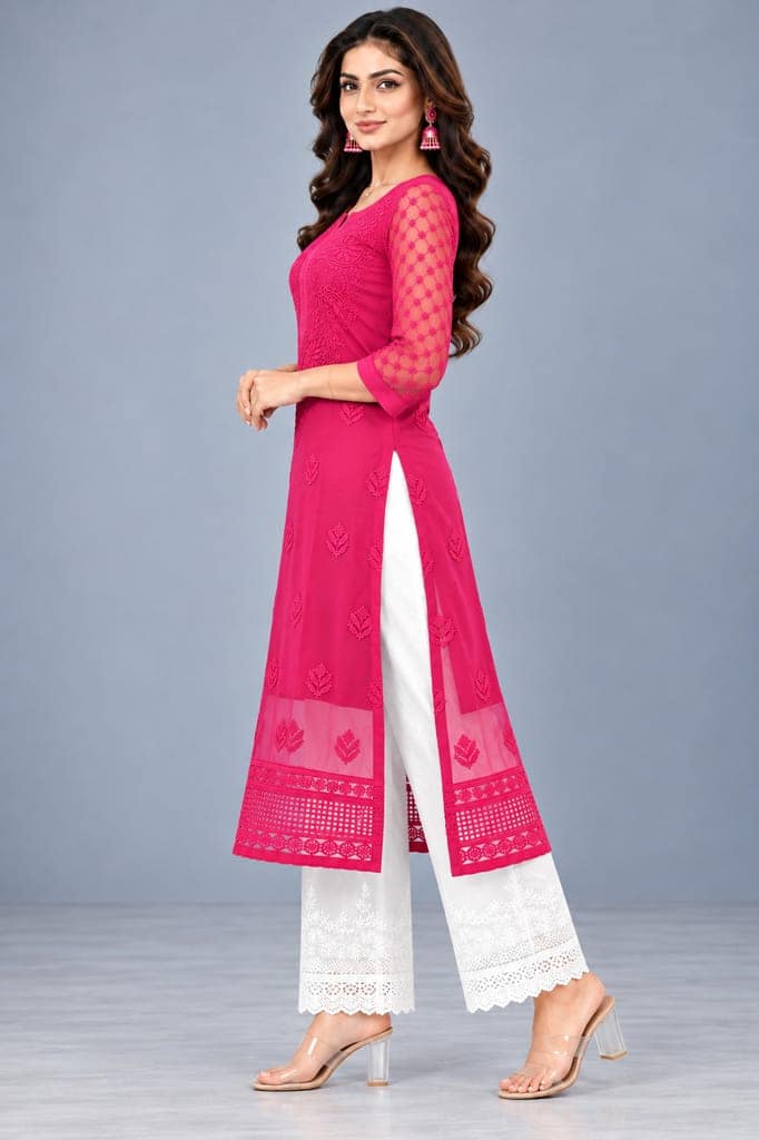 Handcrafted Lucknowi Chikankari Embroidered Fox Georgette Long Kurta with Sheer Floral Sleeves, Back Embroidery & Decorative Lace Border view 3