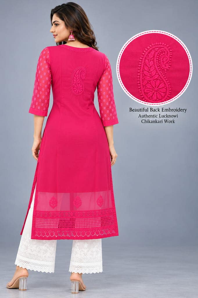 Handcrafted Lucknowi Chikankari Embroidered Fox Georgette Long Kurta with Sheer Floral Sleeves, Back Embroidery & Decorative Lace Border view 4