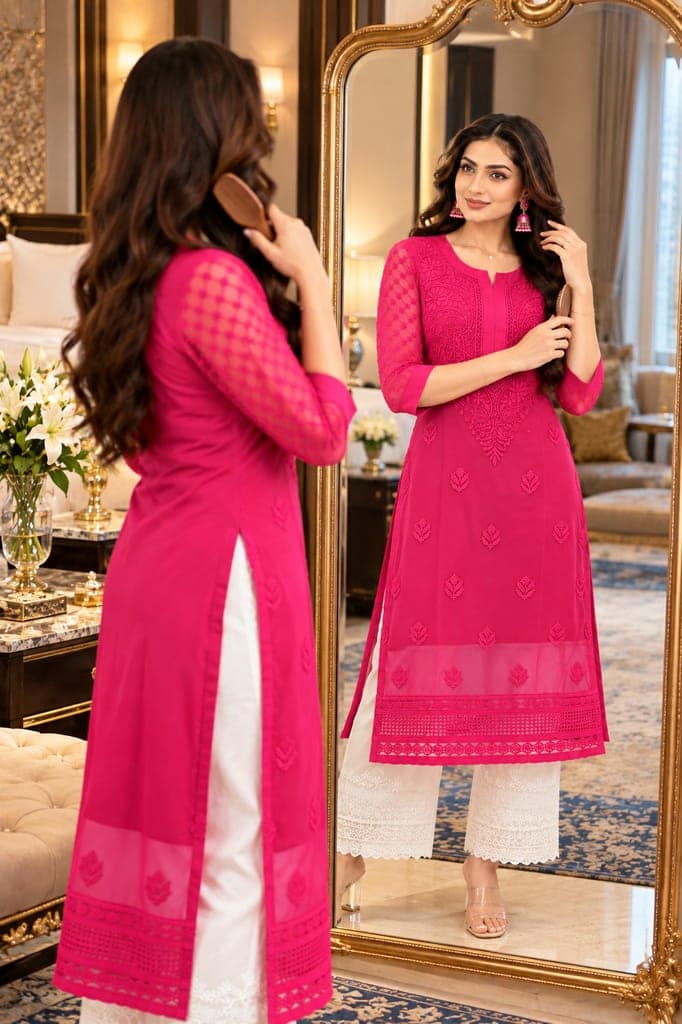 Handcrafted Lucknowi Chikankari Embroidered Fox Georgette Long Kurta with Sheer Floral Sleeves, Back Embroidery & Decorative Lace Border view 5