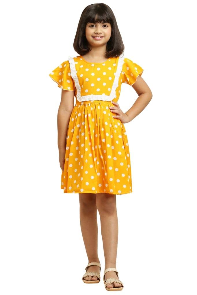 Trendy Yellow Dot Printed Frock With Lining & Frill for Girls view 6