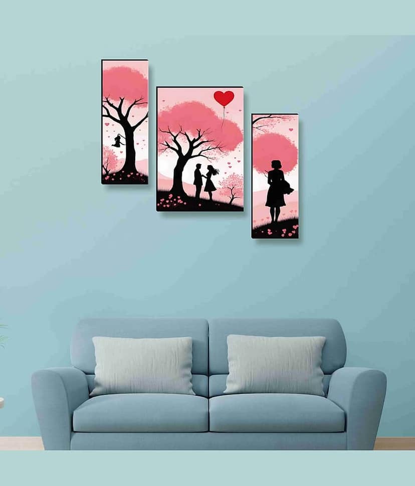 SAF Couple Love Under Pink Tree Wall Art – 3 Panel Romantic Silhouette Painting with Heart Balloons for Bedroom & Valentine Gift Décor 12 Inch x 20 Inch view 2