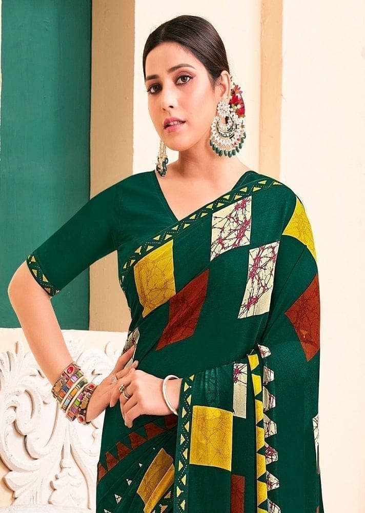 Digital Printed Georgette Saree in Dark Green view 2