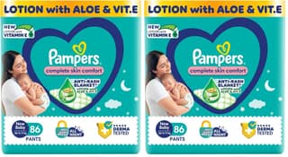 Pampers Complete Skin Comfort Pants, Anti-Rash Blanket, Lotion with Vitamin E & Aloe Vera, New Born, Extra Small Size Baby Diapers (NB,XS) 86 Count, Upto 5kg (Pack of 2) Pampers Complete Skin Comfort Pants, Anti-Rash Blanket, Lotion with Vitamin E & Aloe