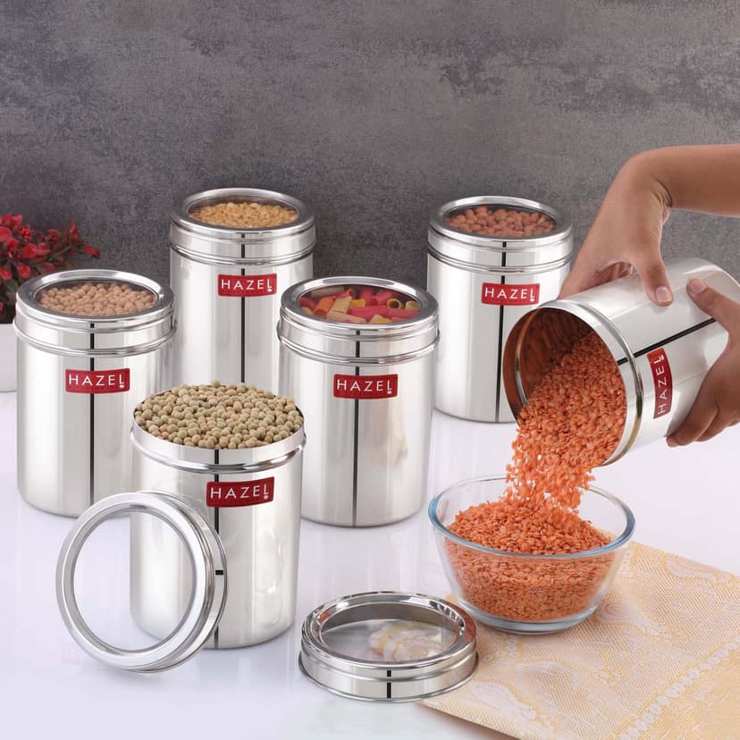 HAZEL Stainless Steel Kitchen Container with Transparent Lid , Top See Through Kitchen Container Set with Matt Finish , Multipurpose Container for Kitchen Storage, 1500 ML, Set of 6