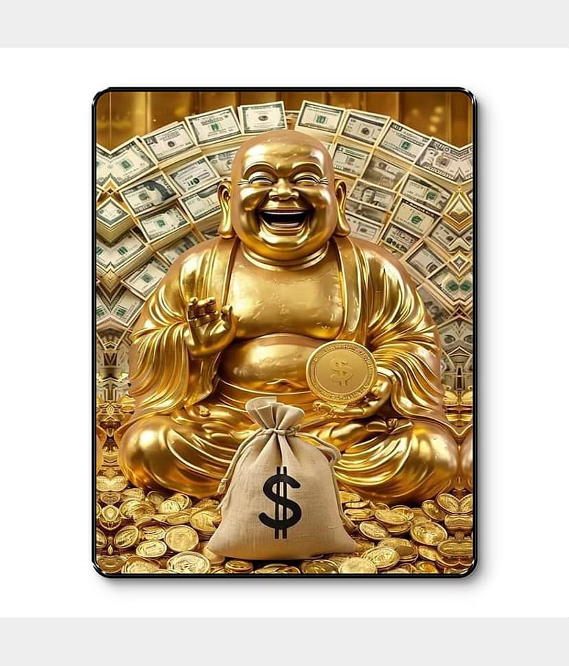 Livin'luxe Golden Laughing Buddha Money Wall Art Black Frame Sparkle Laminated Vastu Decor for Wealth Zone