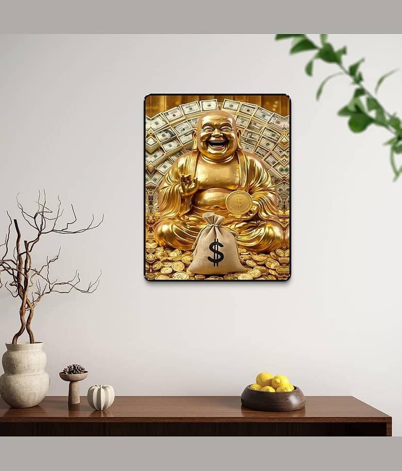 Livin'luxe Golden Laughing Buddha Money Wall Art Black Frame Sparkle Laminated Vastu Decor for Wealth Zone view 2