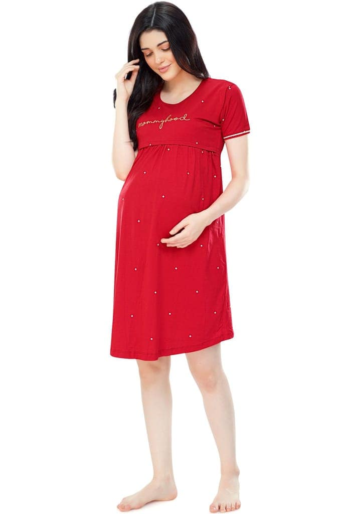 ZEYO Women Cotton Navy Blue Dot Print Maternity & Feeding Night Dress view 4