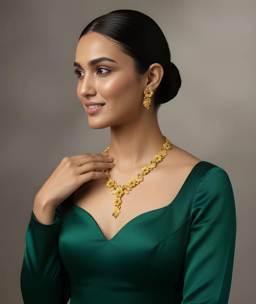 Gold Plated Temple Floral Necklace Set with Matching Earrings for Women Traditional Jewellery Set for Wedding Party Festive and Ethnic Wear view 4