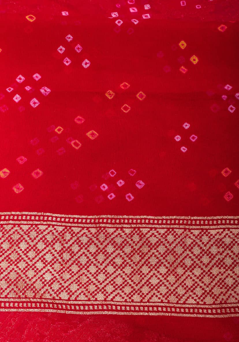 Pink Authentic Hand Bandhej Banarasi Silk Georgette Saree with geometric Jaal and Shikaargah Borders | SILK MARK CERTIFIED view 10