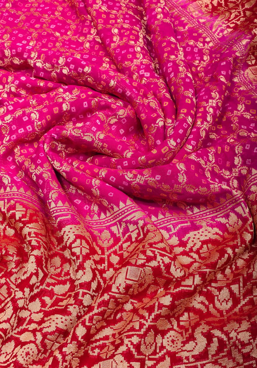 Pink Authentic Hand Bandhej Banarasi Silk Georgette Saree with geometric Jaal and Shikaargah Borders | SILK MARK CERTIFIED view 3