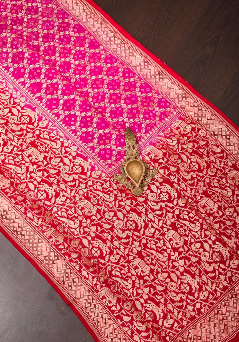 Pink Authentic Hand Bandhej Banarasi Silk Georgette Saree with geometric Jaal and Shikaargah Borders | SILK MARK CERTIFIED view 4