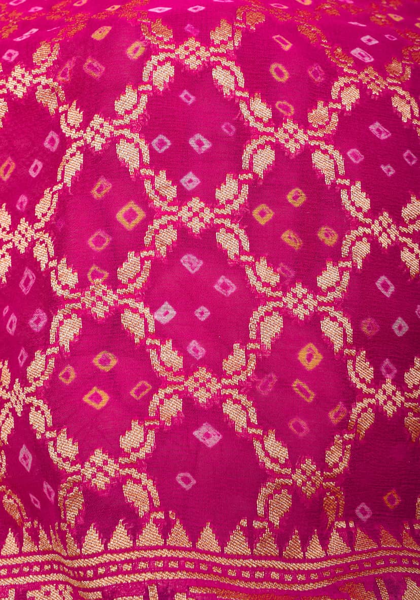Pink Authentic Hand Bandhej Banarasi Silk Georgette Saree with geometric Jaal and Shikaargah Borders | SILK MARK CERTIFIED view 6