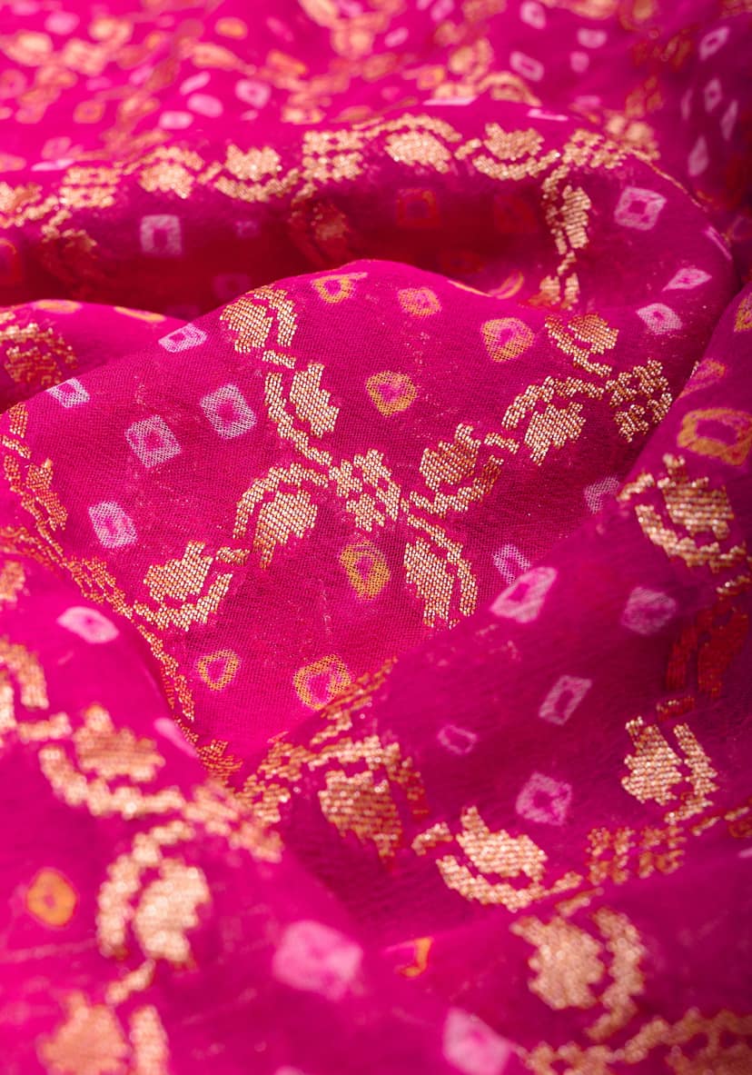 Pink Authentic Hand Bandhej Banarasi Silk Georgette Saree with geometric Jaal and Shikaargah Borders | SILK MARK CERTIFIED view 7
