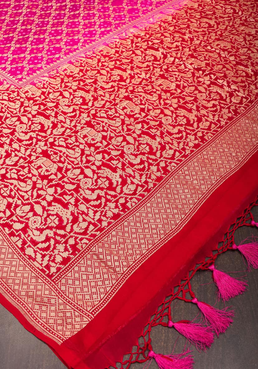 Pink Authentic Hand Bandhej Banarasi Silk Georgette Saree with geometric Jaal and Shikaargah Borders | SILK MARK CERTIFIED view 8