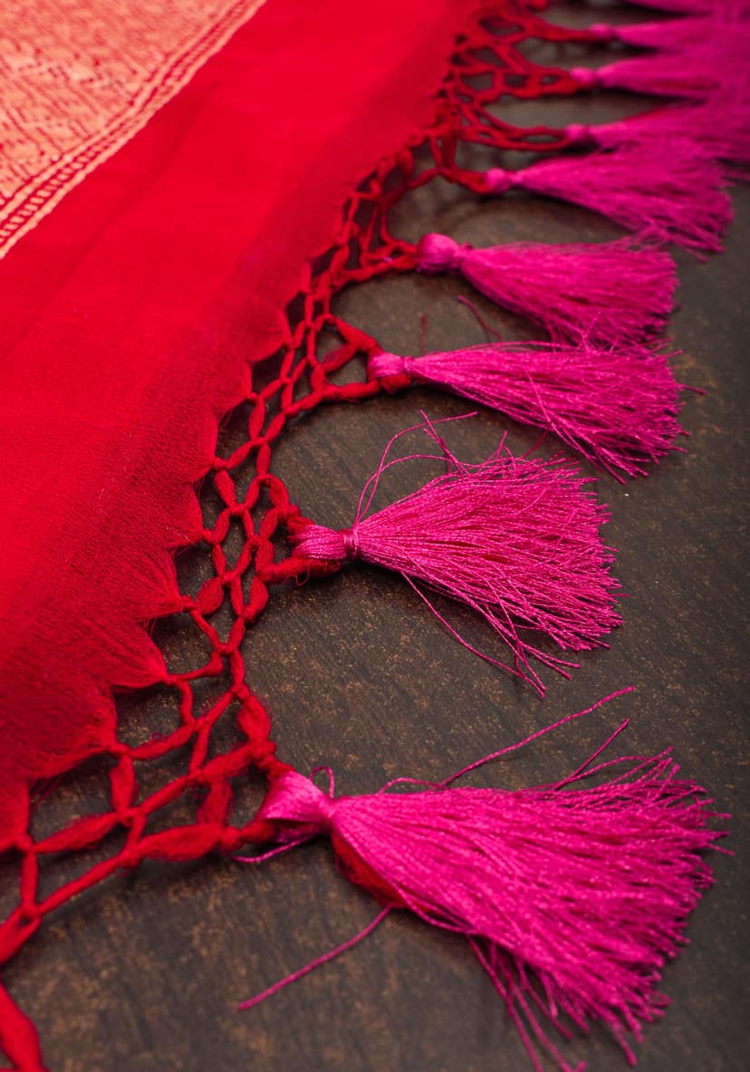 Pink Authentic Hand Bandhej Banarasi Silk Georgette Saree with geometric Jaal and Shikaargah Borders | SILK MARK CERTIFIED view 9