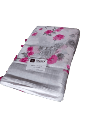 White and Pink Floral Saree with Tassels