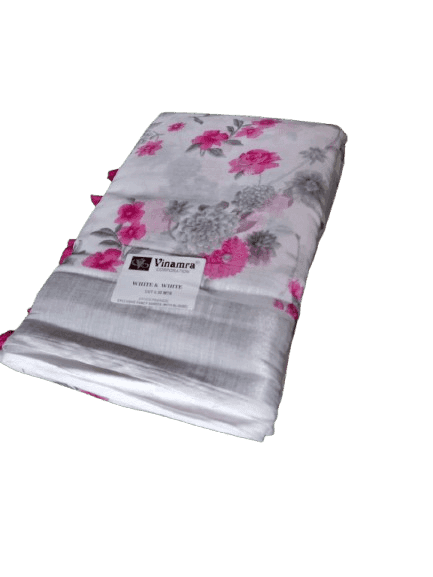White and Pink Floral Saree with Tassels