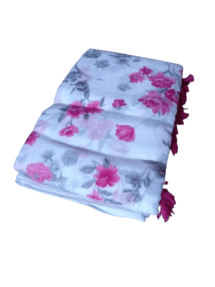 White and Pink Floral Saree with Tassels view 2