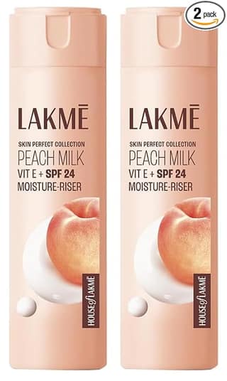 LAKM Peach Milk Face Moisturizer SPF 24 PA++ 120ml, Daily Light Sunscreen Lotion With Vitamin C For Glowing Skin, Sun Protection For Women Of Oily Skin (Pack Of 2) LAKM Peach Milk Face Moisturizer SPF 24 PA++ 120ml, Daily Light Sunscreen Lotion With Vita
