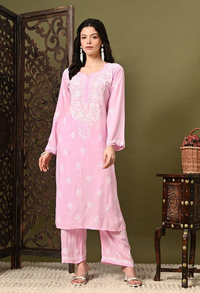 Pure Modal Heavy Bota Pattern hand embroidered Chikankari Kurta Set -Baby Pink view 5