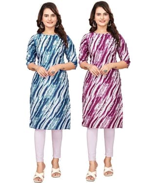VACHHARAJ GROUP Crepe Printed Straight Women's Kurti - Blue,Purple ( Pack of 2 )