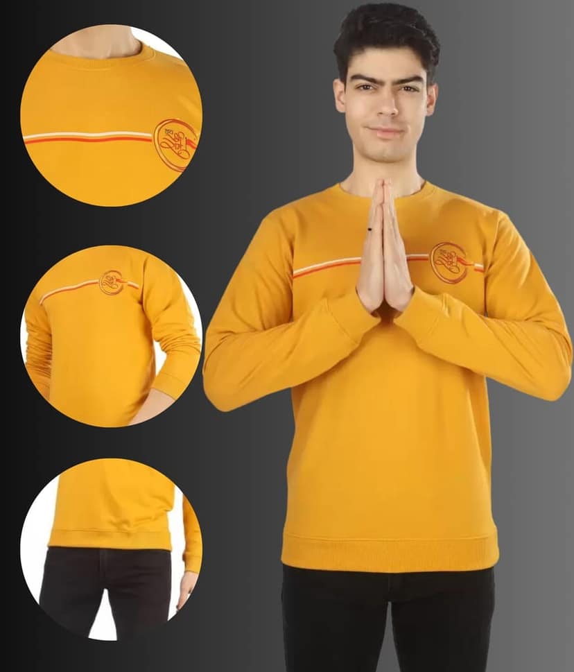 BLUEFICUS Men's Jai Shree Ram Printed Cotton Round Neck Full Sleeves T-Shirt (Yellow) view 2