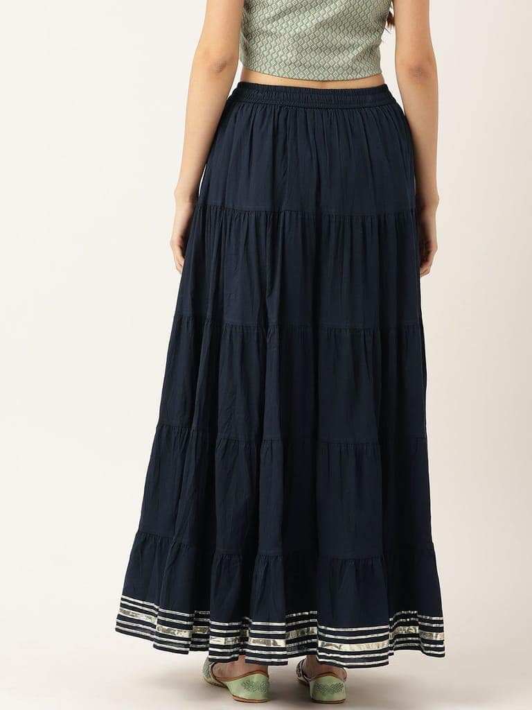 Women Navy Blue Solid Tiered Cotton Gotta Patti Maxi Skirt view 2