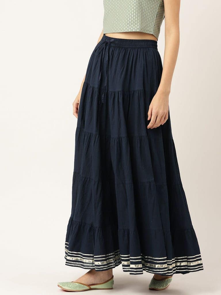 Women Navy Blue Solid Tiered Cotton Gotta Patti Maxi Skirt view 3