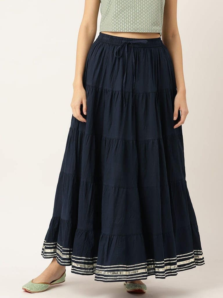 Women Navy Blue Solid Tiered Cotton Gotta Patti Maxi Skirt view 4