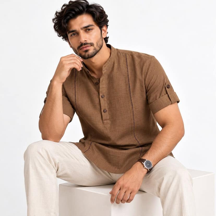 Men's Brown short Kurta view 6