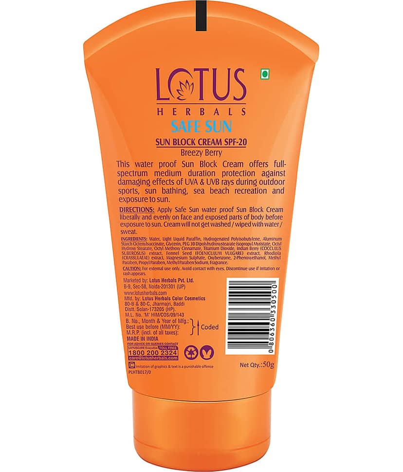 Lotus Herbals Safe Sun Sunscreen Cream , Breezy Berry Spf 20 Pa+, Waterproof, Berry Extract, 50G view 2