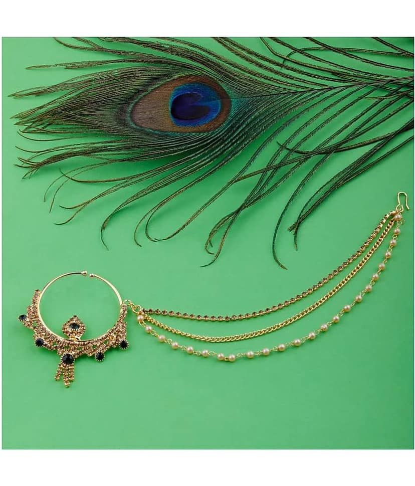 Silver Shine Traditional Gold Plated Bottle Green Stone Diamond Studded Designer Wedding Nose Ring for Girls And Women Jewellery