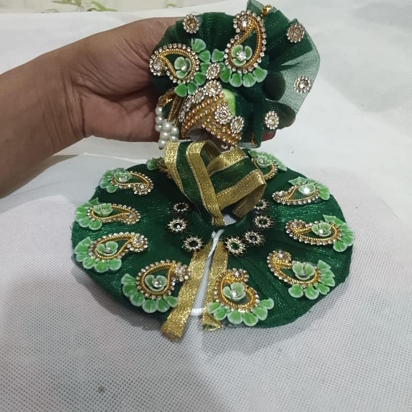 DHRUVINSRI Pooja Article,laddu Gopal Heavy beautiful GREEN FLORAL Stone Studded Gawn,Choli & PAGDI Set for SIZE:03, Divine,Religious,Traditional,Deity, Dress,Balgopal,Krishnaji, kanhaji,Thakurji-1 Set view 2