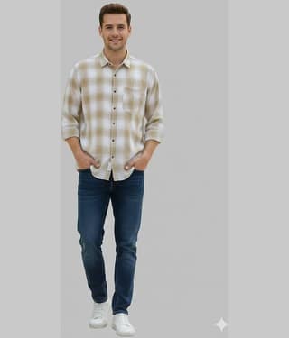 MOUDLIN Cotton Blend Slim Fit Checks Full Sleeves Men's Casual Shirt - Cream ( Pack of 1 )
