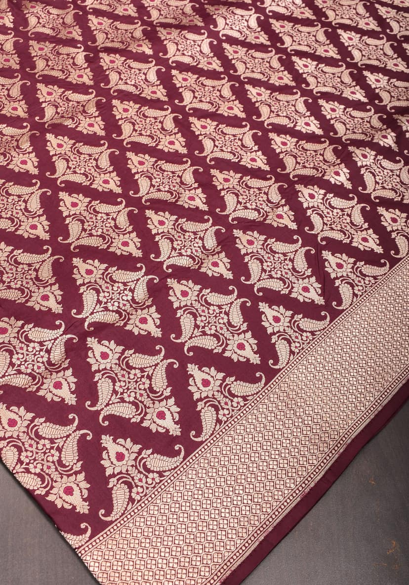 Exquisite Banarasi Katan Silk Saree in Maroon with Damask Buta | SILK MARK CERTIFIED view 4