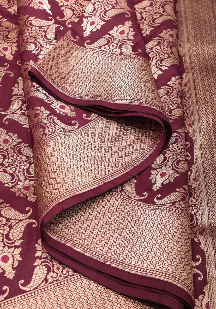 Exquisite Banarasi Katan Silk Saree in Maroon with Damask Buta | SILK MARK CERTIFIED view 7
